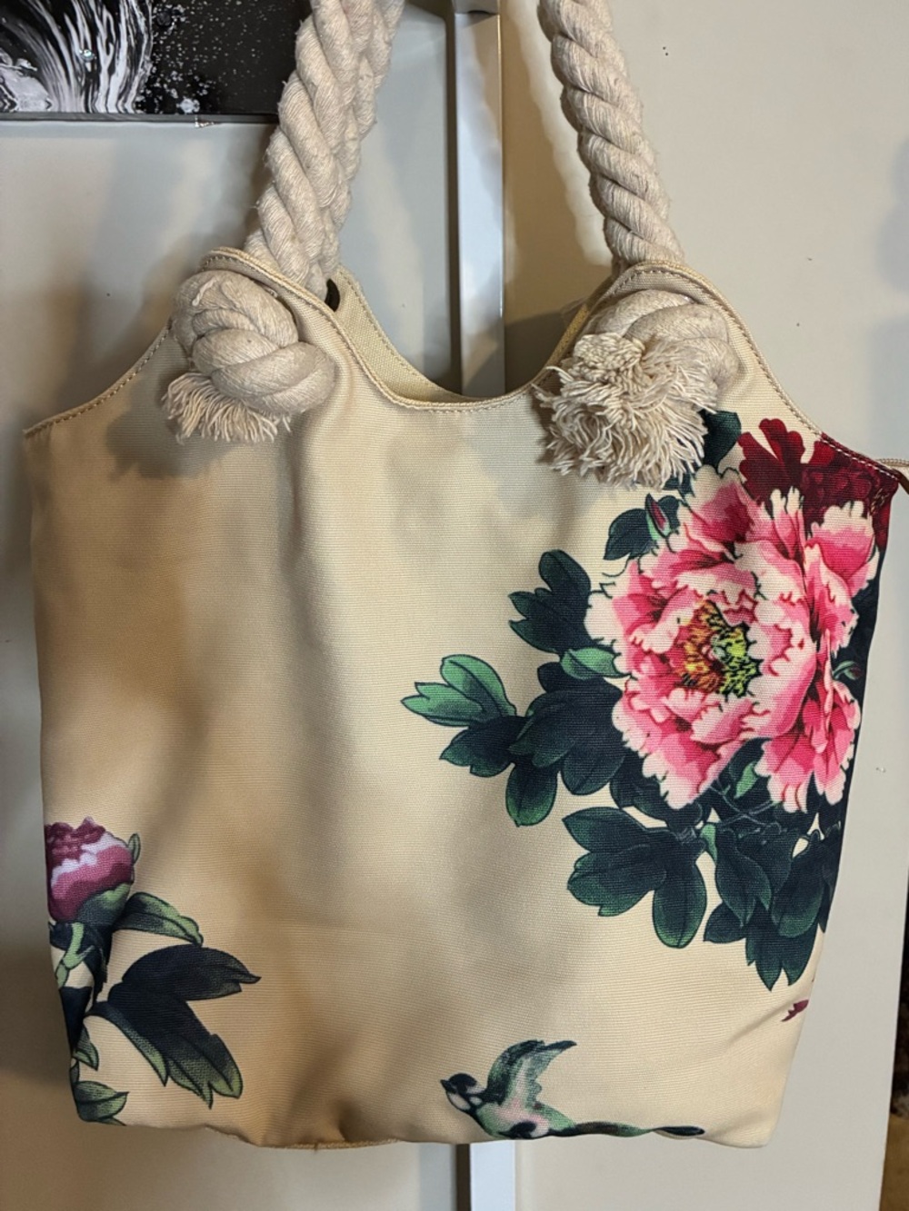 Floral Rope-Handle Canvas Tote Bag in Cream and Pink Like New